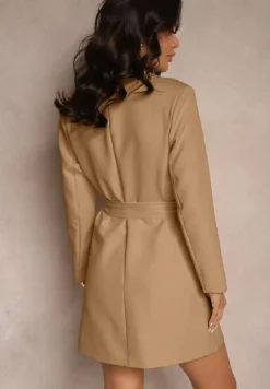 Ciemnobeżowa Sukienka o Kroju Marynarki z Usztywnioną Linią Ramion Wiązana w Talii Equintina