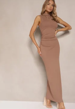 Ciemnobeżowa Sukienka z Wełną o Dopasowanym Kroju z Marszczeniem i Rozcięciem Lisalitia