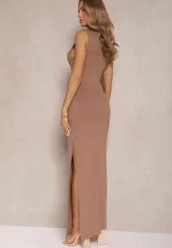 Ciemnobeżowa Sukienka z Wełną o Dopasowanym Kroju z Marszczeniem i Rozcięciem Lisalitia