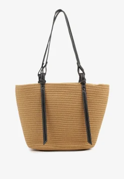 Ciemnobeżowa Szydełkowa Torebka Typu Shopper z Bawełny Mevonna