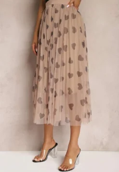 Ciemnobeżowa Tiulowa Rozkloszowana Spódnica Plisowana z Aplikacjami Serc i Gumką w Pasie Missari