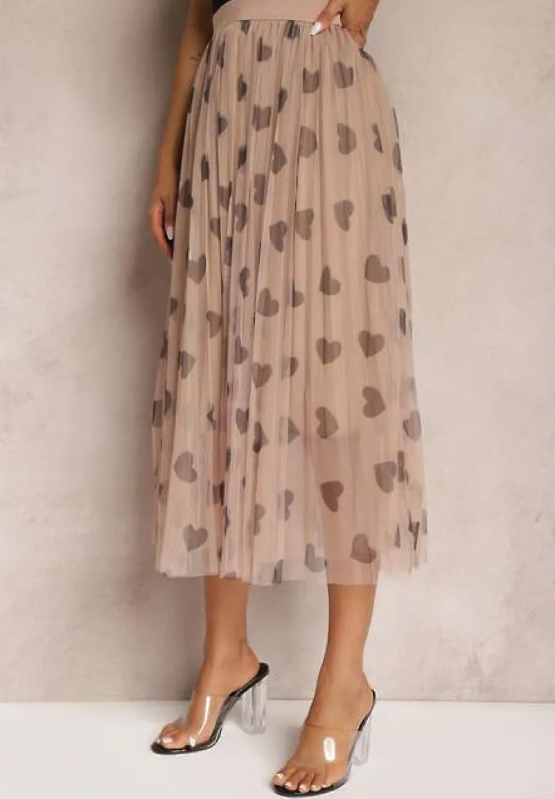 Ciemnobeżowa Tiulowa Rozkloszowana Spódnica Plisowana z Aplikacjami Serc i Gumką w Pasie Missari