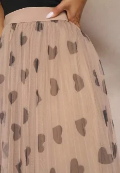 Ciemnobeżowa Tiulowa Rozkloszowana Spódnica Plisowana z Aplikacjami Serc i Gumką w Pasie Missari