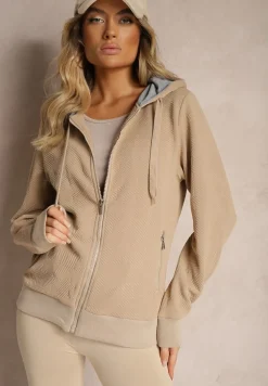 Ciemnobeżowa Tłoczona Bluza z Dodatkiem Bawełny i Kapturem Zapinana na Suwak Arfoya