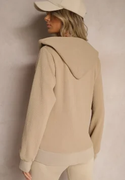 Ciemnobeżowa Tłoczona Bluza z Dodatkiem Bawełny i Kapturem Zapinana na Suwak Arfoya