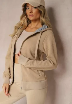 Ciemnobeżowa Tłoczona Bluza z Dodatkiem Bawełny i Kapturem Zapinana na Suwak Arfoya