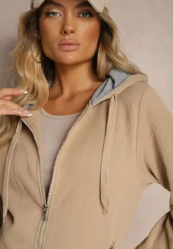 Ciemnobeżowa Tłoczona Bluza z Dodatkiem Bawełny i Kapturem Zapinana na Suwak Arfoya