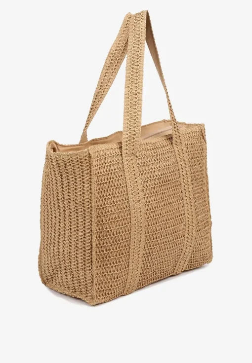 Ciemnobeżowa Torebka Shopper Plażowa z Plecionki Galavisena
