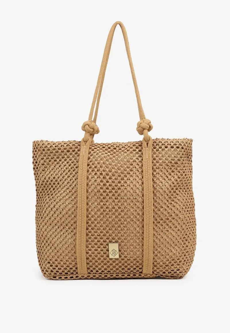 Ciemnobeżowa Torebka Typu Shopper z Plecionki Reviane