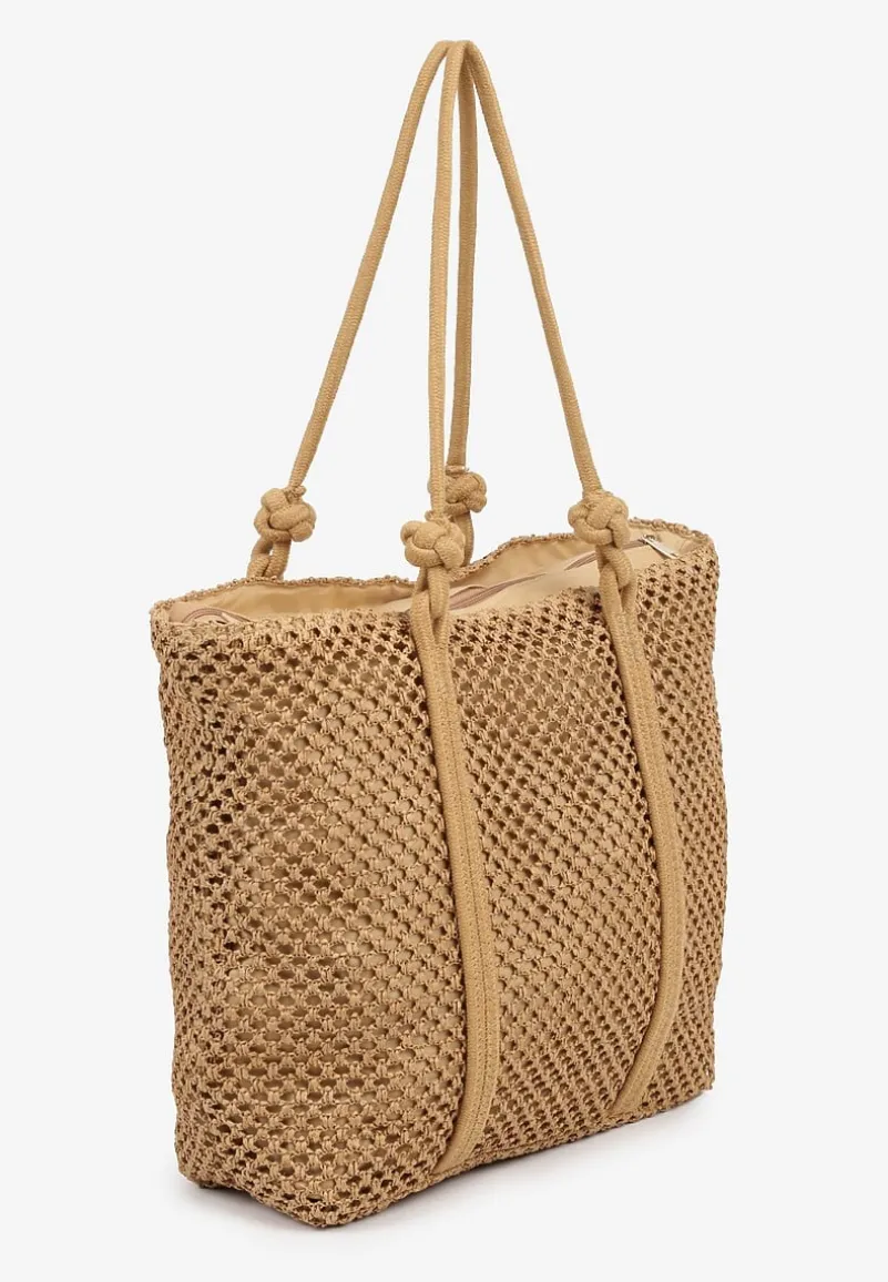 Ciemnobeżowa Torebka Typu Shopper z Plecionki Reviane