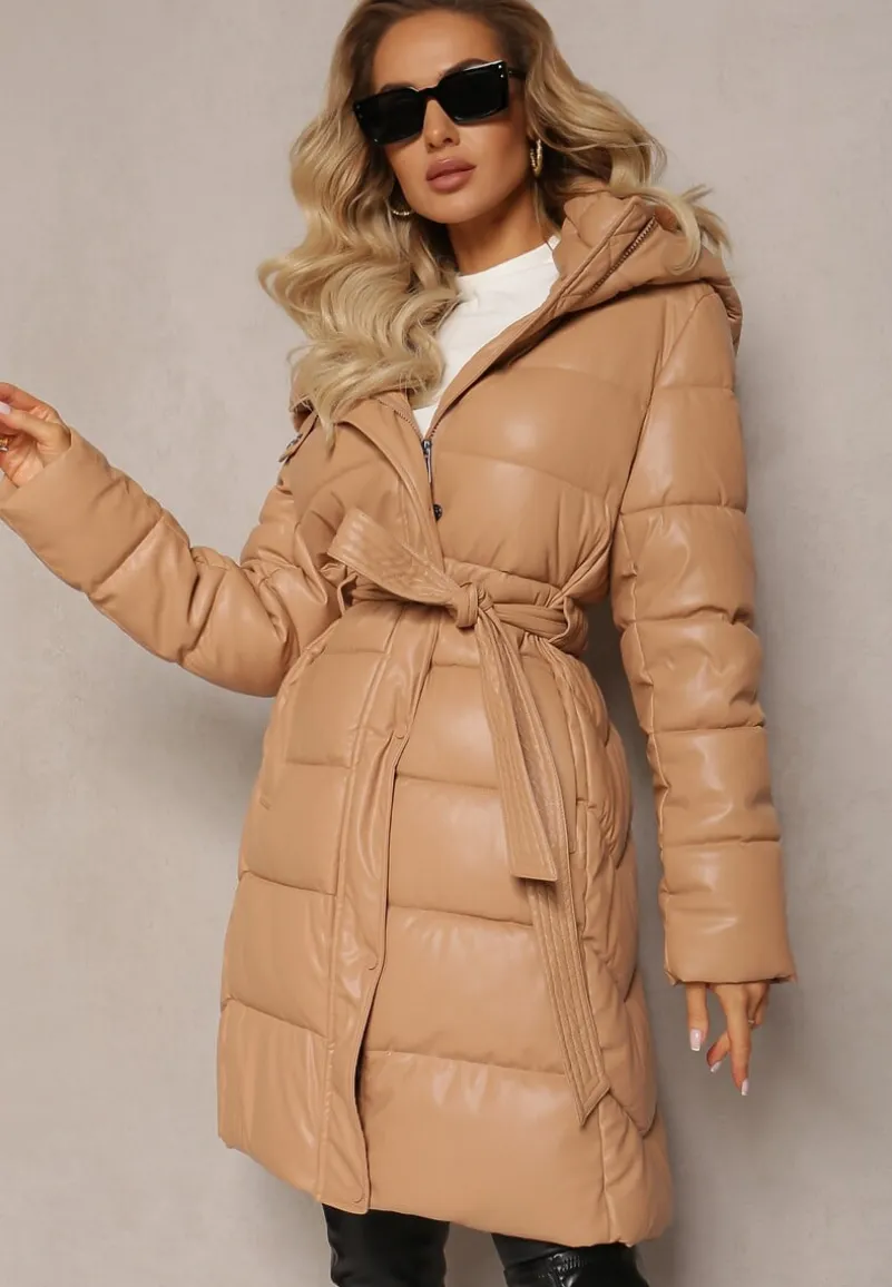 Ciemnobeżowa Wiskozowa Kurtka z Imitacji Skóry z Ozdobnym Pikowaniem z Paskiem i Kapturem Gersja