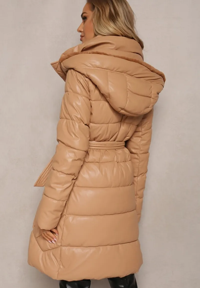 Ciemnobeżowa Wiskozowa Kurtka z Imitacji Skóry z Ozdobnym Pikowaniem z Paskiem i Kapturem Gersja