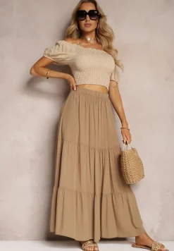 Ciemnobeżowa Wiskozowa Spódnica High Waist z Gumką w Talii i Falbanką Christiara