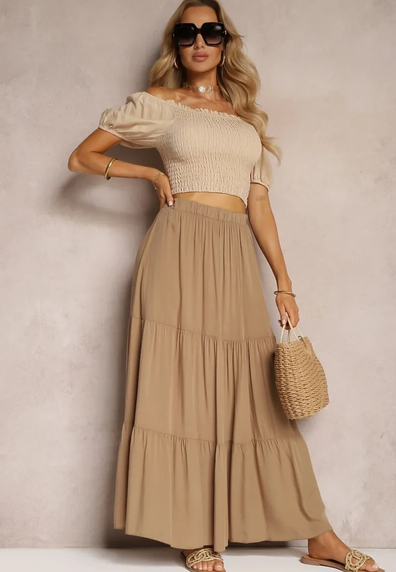 Ciemnobeżowa Wiskozowa Spódnica High Waist z Gumką w Talii i Falbanką Christiara