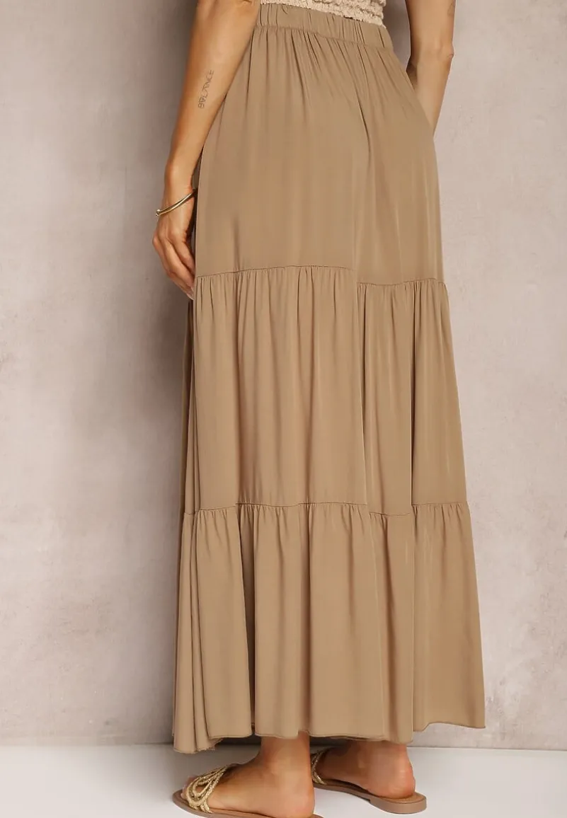 Ciemnobeżowa Wiskozowa Spódnica High Waist z Gumką w Talii i Falbanką Christiara
