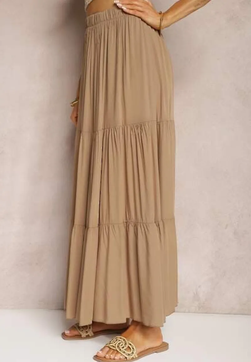 Ciemnobeżowa Wiskozowa Spódnica High Waist z Gumką w Talii i Falbanką Christiara