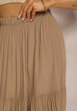 Ciemnobeżowa Wiskozowa Spódnica High Waist z Gumką w Talii i Falbanką Christiara