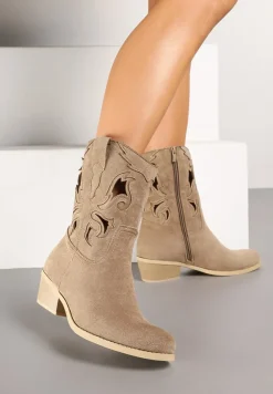 Ciemnobeżowe Ażurowe Botki na Stożku w Stylu Kowbojek Felenora