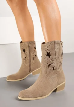 Ciemnobeżowe Ażurowe Botki na Stożku w Stylu Kowbojek Felenora
