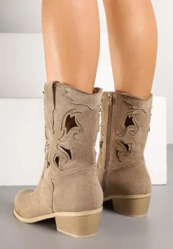 Ciemnobeżowe Ażurowe Botki na Stożku w Stylu Kowbojek Felenora