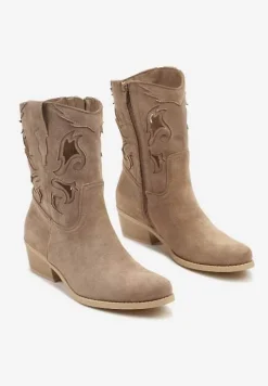 Ciemnobeżowe Ażurowe Botki na Stożku w Stylu Kowbojek Felenora