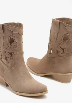Ciemnobeżowe Ażurowe Botki na Stożku w Stylu Kowbojek Felenora