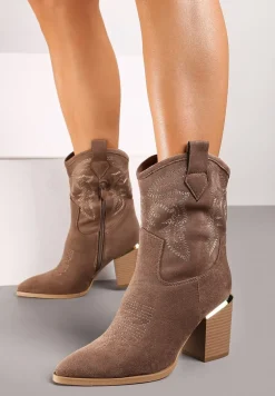 Ciemnobeżowe Ażurowe Botki na Słupku w Kowbojskim Stylu Mevith