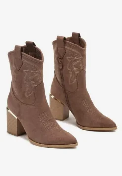 Ciemnobeżowe Ażurowe Botki na Słupku w Kowbojskim Stylu Mevith