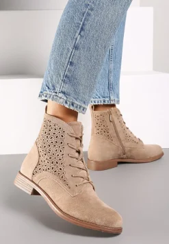 Ciemnobeżowe Ażurowe Botki ze Sznurowaniem i Suwakiem Lerinels