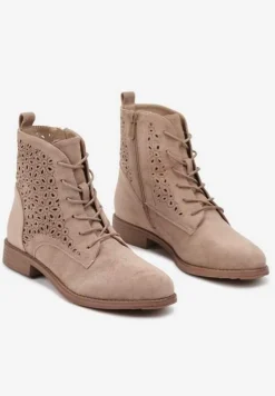 Ciemnobeżowe Ażurowe Botki ze Sznurowaniem i Suwakiem Lerinels