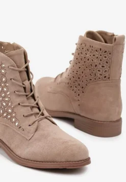 Ciemnobeżowe Ażurowe Botki ze Sznurowaniem i Suwakiem Lerinels