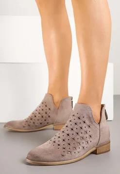 Ciemnobeżowe Ażurowe Botki z Wkładką ze Skóry Turalia