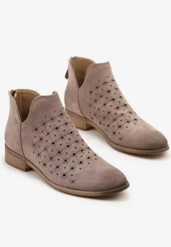 Ciemnobeżowe Ażurowe Botki z Wkładką ze Skóry Turalia