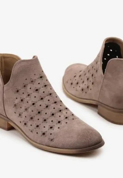 Ciemnobeżowe Ażurowe Botki z Wkładką ze Skóry Turalia