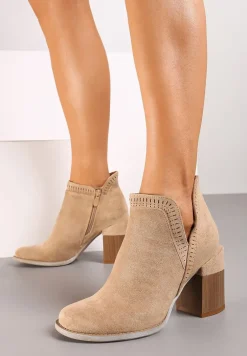 Ciemnobeżowe Ażurowe Botki na Słupku Neveli