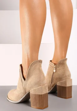 Ciemnobeżowe Ażurowe Botki na Słupku Neveli