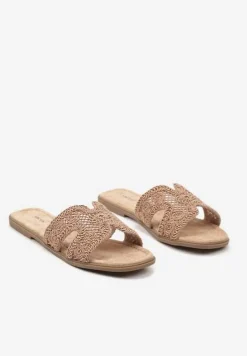 Ciemnobeżowe Ażurowe Klapki na Płaskiej Podeszwie w Stylu Boho Gilaria