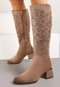 Ciemnobeżowe Ażurowe Kozaki na Stożkowym Obcasie Hetila