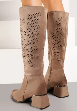 Ciemnobeżowe Ażurowe Kozaki na Stożkowym Obcasie Hetila