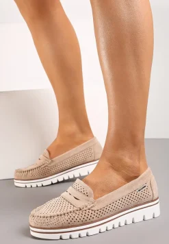 Ciemnobeżowe Ażurowe Mokasyny Casual z Wkładką ze Skóry Naturalnej Marra