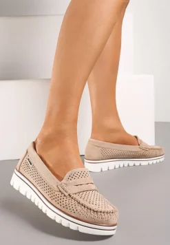 Ciemnobeżowe Ażurowe Mokasyny Casual z Wkładką ze Skóry Naturalnej Marra