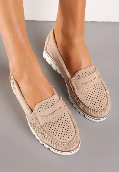 Ciemnobeżowe Ażurowe Mokasyny Casual z Wkładką ze Skóry Naturalnej Marra