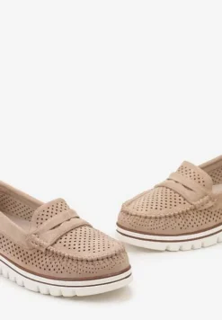 Ciemnobeżowe Ażurowe Mokasyny Casual z Wkładką ze Skóry Naturalnej Marra