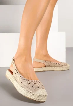 Ciemnobeżowe Ażurowe Sandały Płaskie w Stylu Espardyli z Odkrytą Piętą i Plecionką Norilne