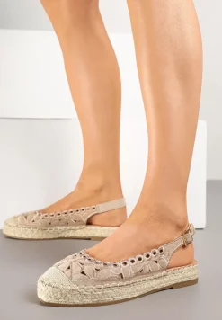 Ciemnobeżowe Ażurowe Sandały Płaskie w Stylu Espardyli z Odkrytą Piętą i Plecionką Norilne