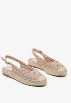 Ciemnobeżowe Ażurowe Sandały Płaskie w Stylu Espardyli z Odkrytą Piętą i Plecionką Norilne