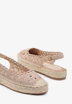 Ciemnobeżowe Ażurowe Sandały Płaskie w Stylu Espardyli z Odkrytą Piętą i Plecionką Norilne