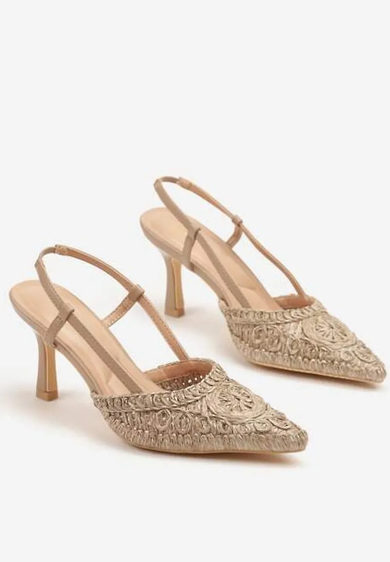 Ciemnobeżowe Ażurowe Sandały Vices na Szpilce Typu Slingback Erathiela