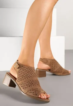 Ciemnobeżowe Ażurowe Sandały Botki na Słupkowym Obcasie z Odkrytym Noskiem Lanariel