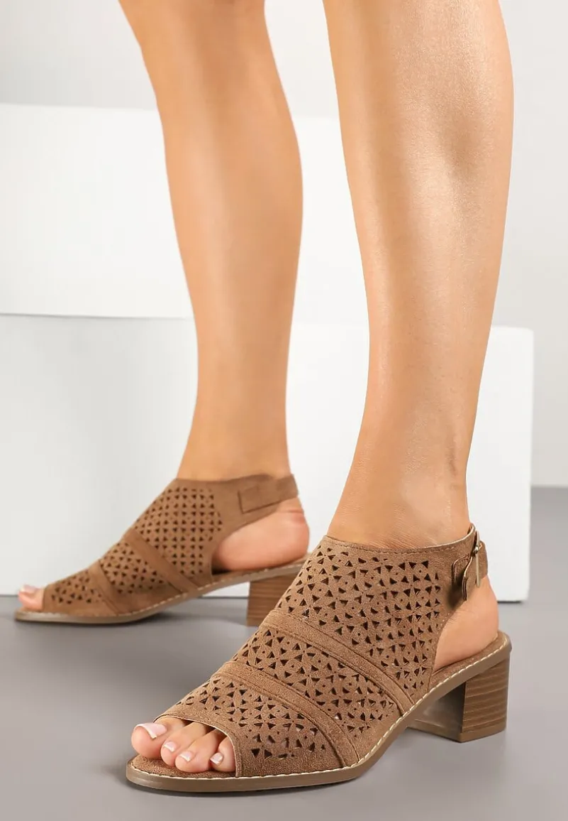 Ciemnobeżowe Ażurowe Sandały Botki na Słupkowym Obcasie z Odkrytym Noskiem Lanariel